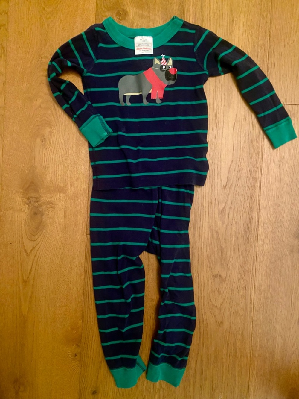 Hanna Andersson Navy & Green Striped Reindeer Pajama Set